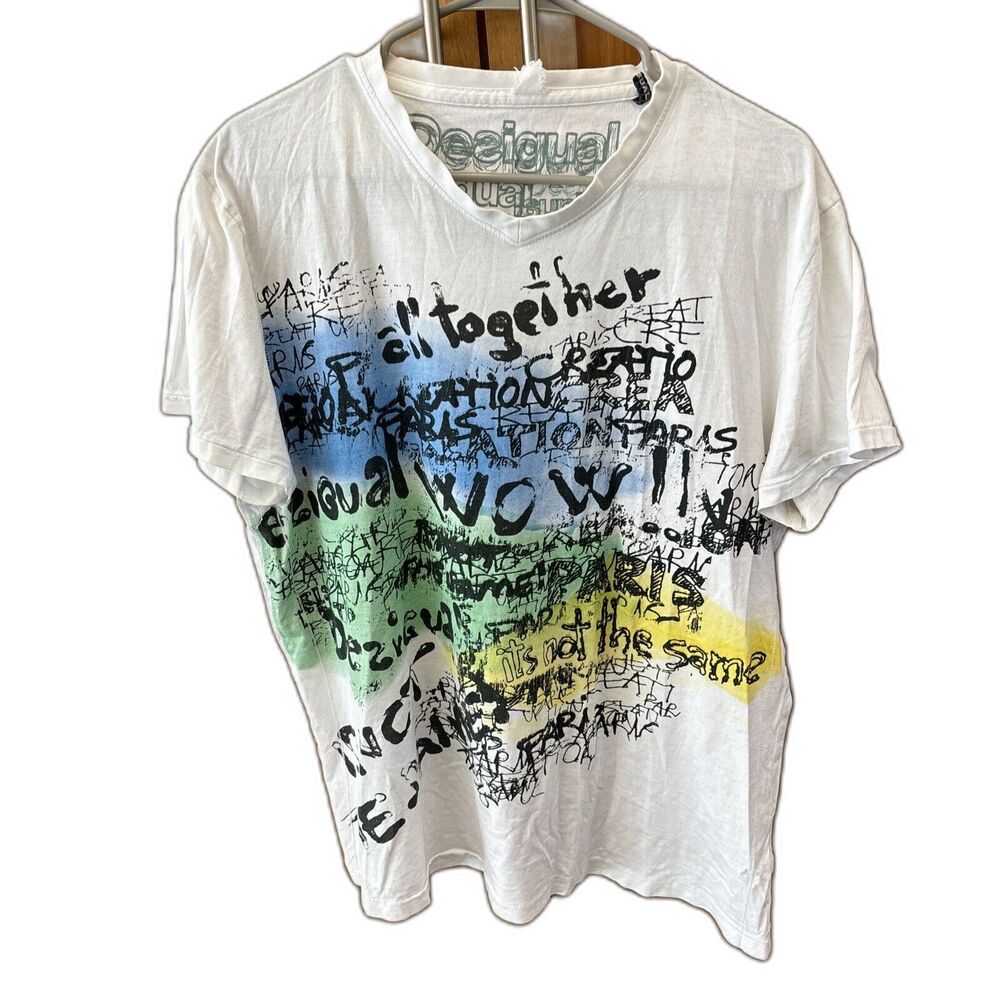 Desigual t shirt Men White XL Street Art Print Graffiti Viscose Colorful